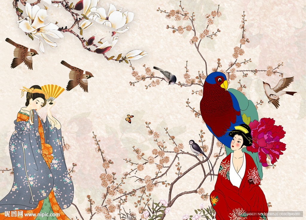 新中式花鸟侍女背景墙