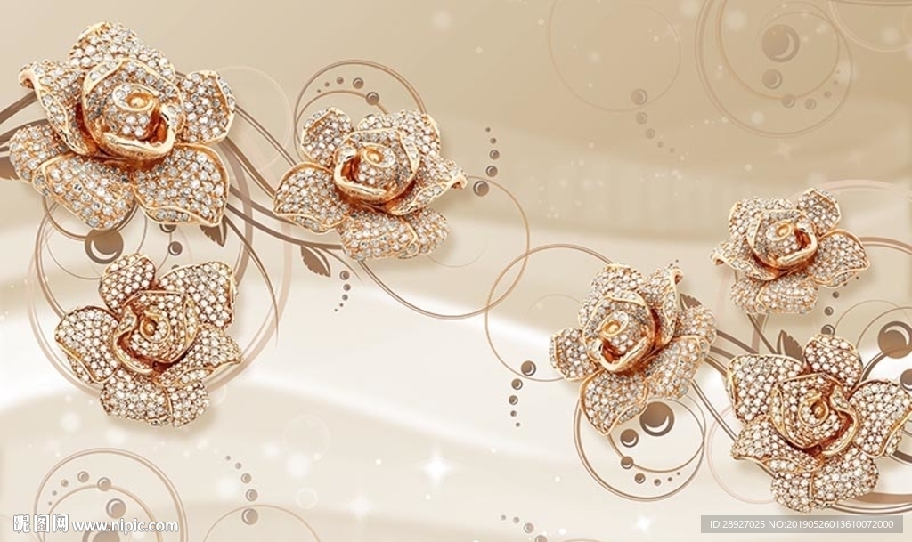 3D奢华金色钻石玫瑰花珍珠