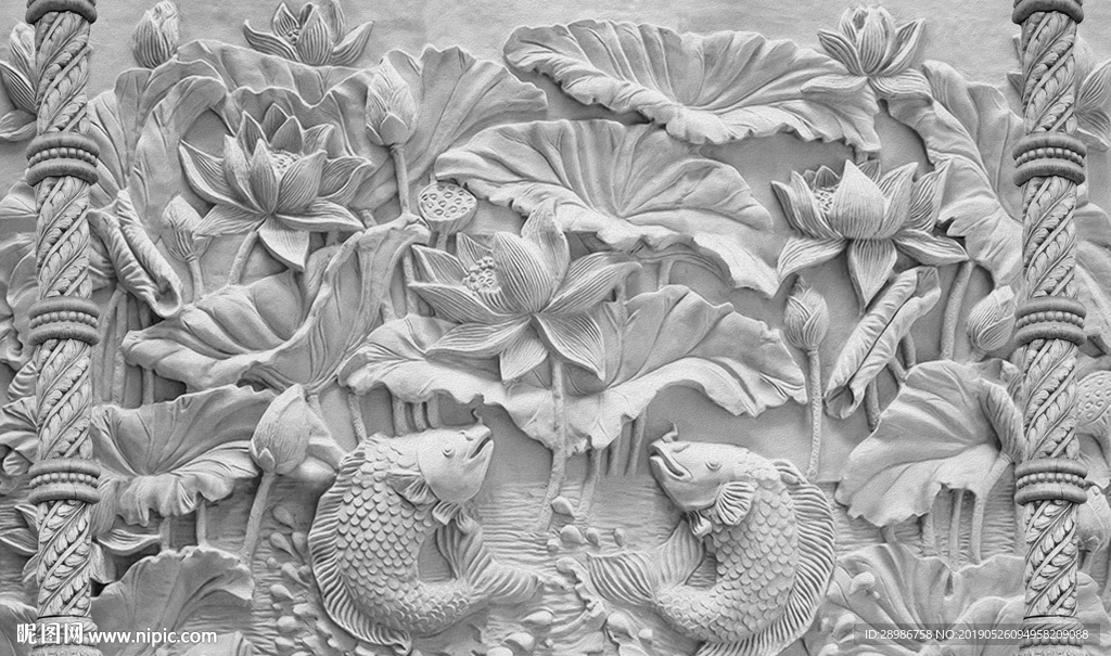 现代3d立体浮雕荷花鲤鱼背景墙