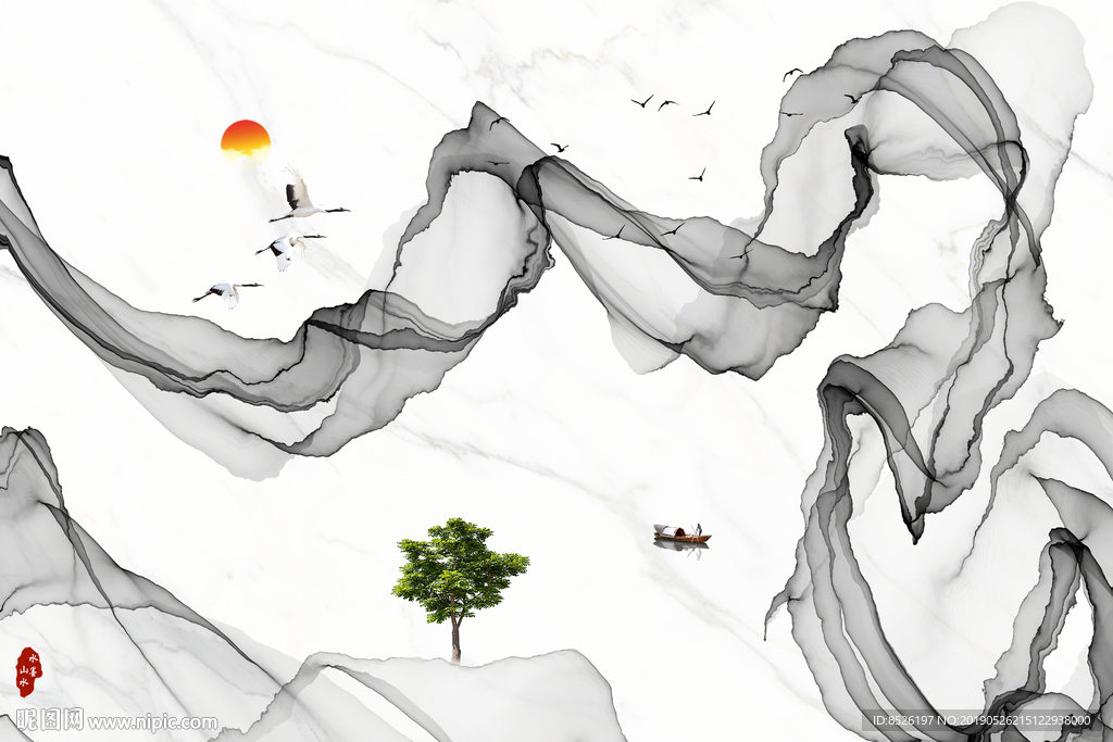 新中式意境水墨线条山水