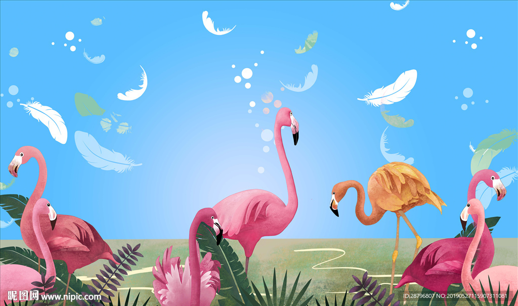 现代简约北欧火烈鸟手绘背景墙