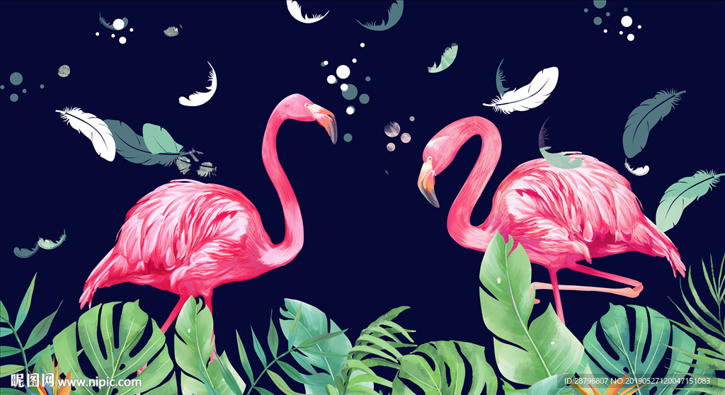 手绘现代北欧火烈鸟龟背竹背景墙