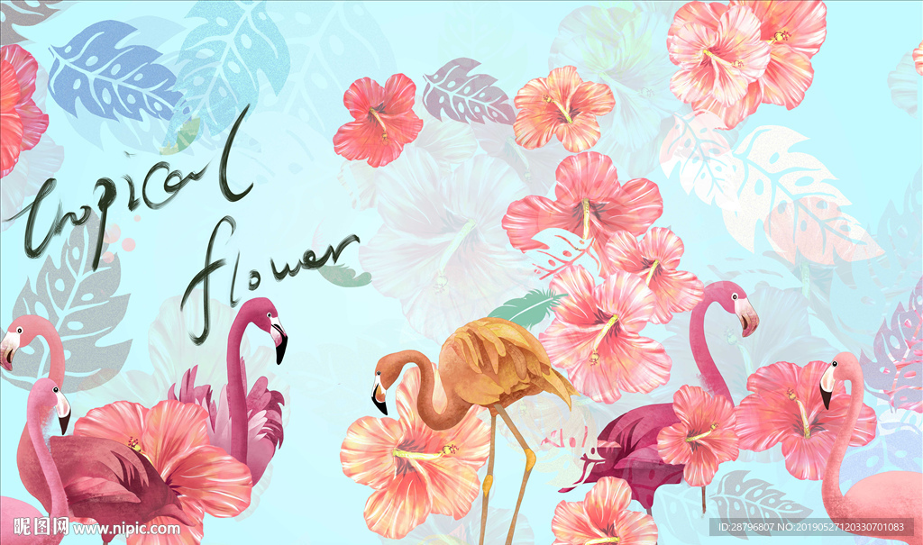 北欧现代手绘火烈鸟背景墙壁画图