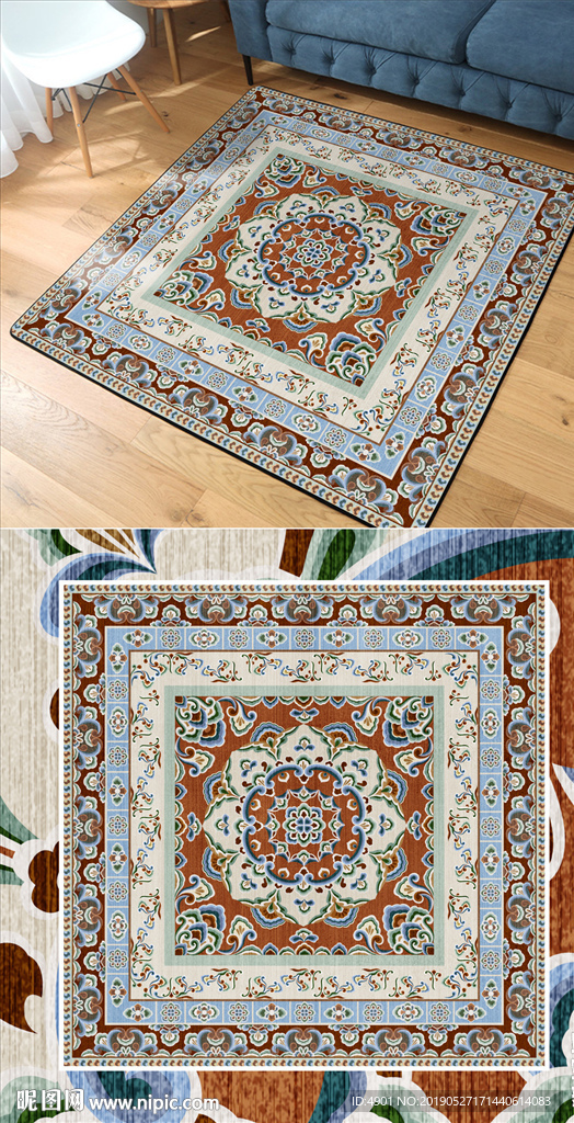 新中式花纹正方形地毯地垫脚垫