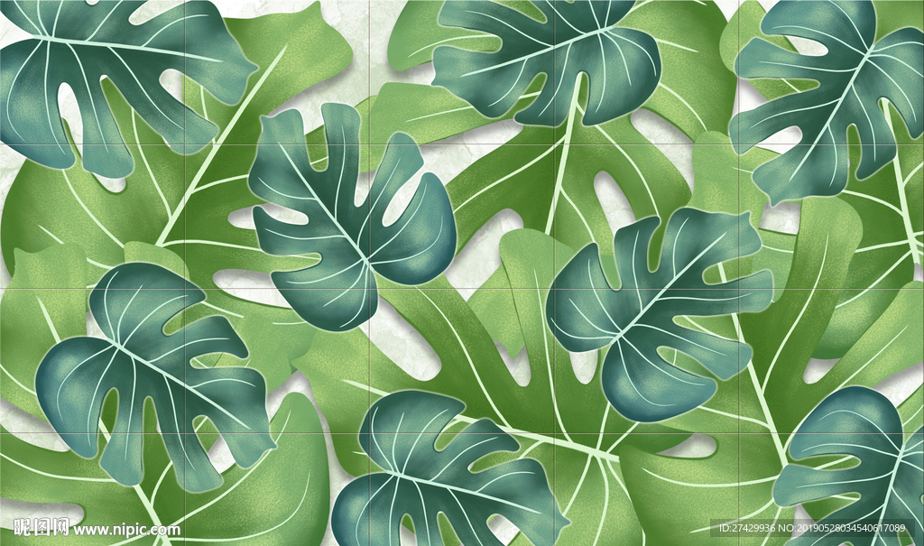 芭蕉叶方格北欧背景墙壁画装饰画