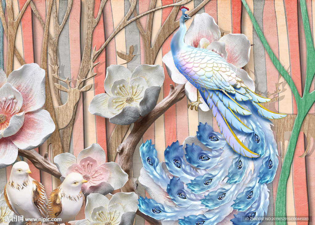 立体浮雕花费鸟孔雀背景墙