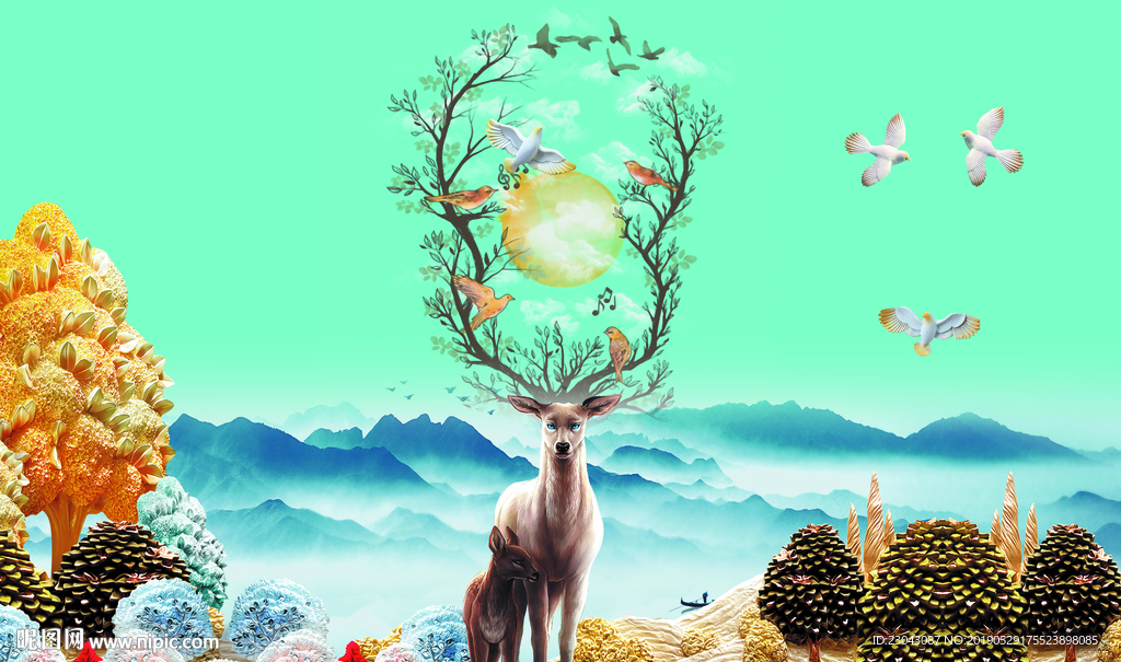 北欧简约发财树麋鹿浮雕背景墙