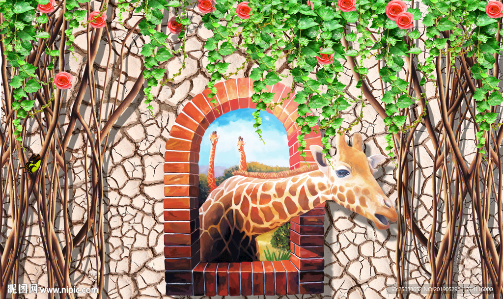 长颈鹿花藤3D电视背景墙