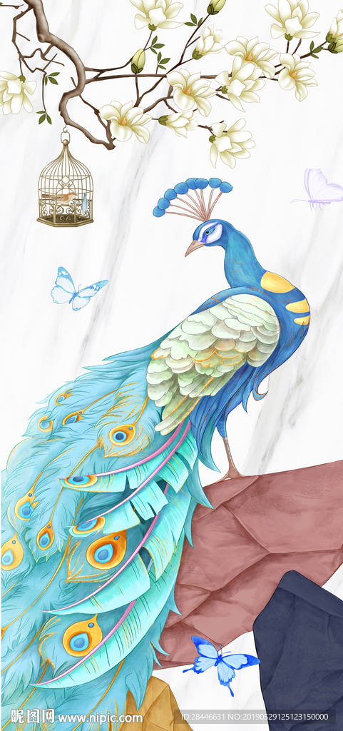 新中式玉兰孔雀玄关背景墙