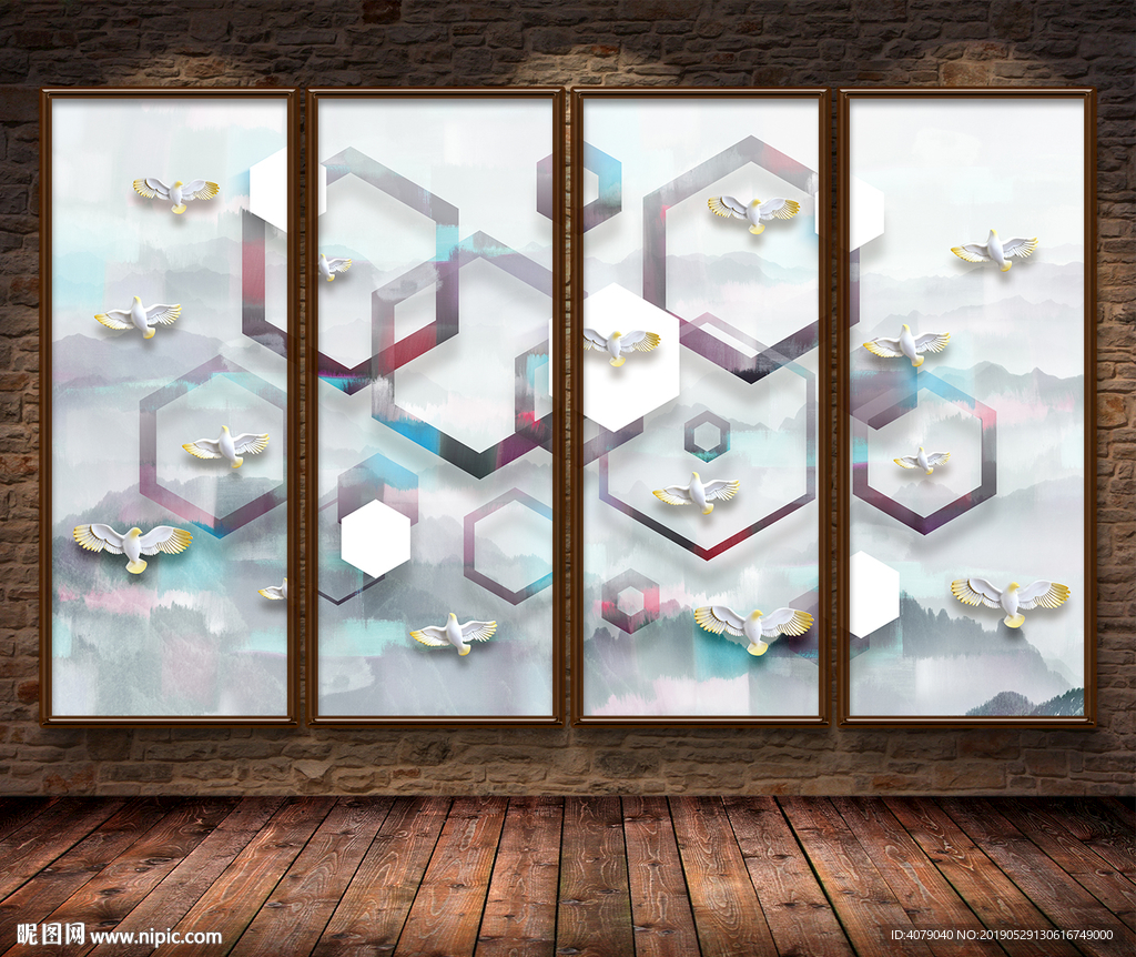 新中式3D立体水墨几何背景墙