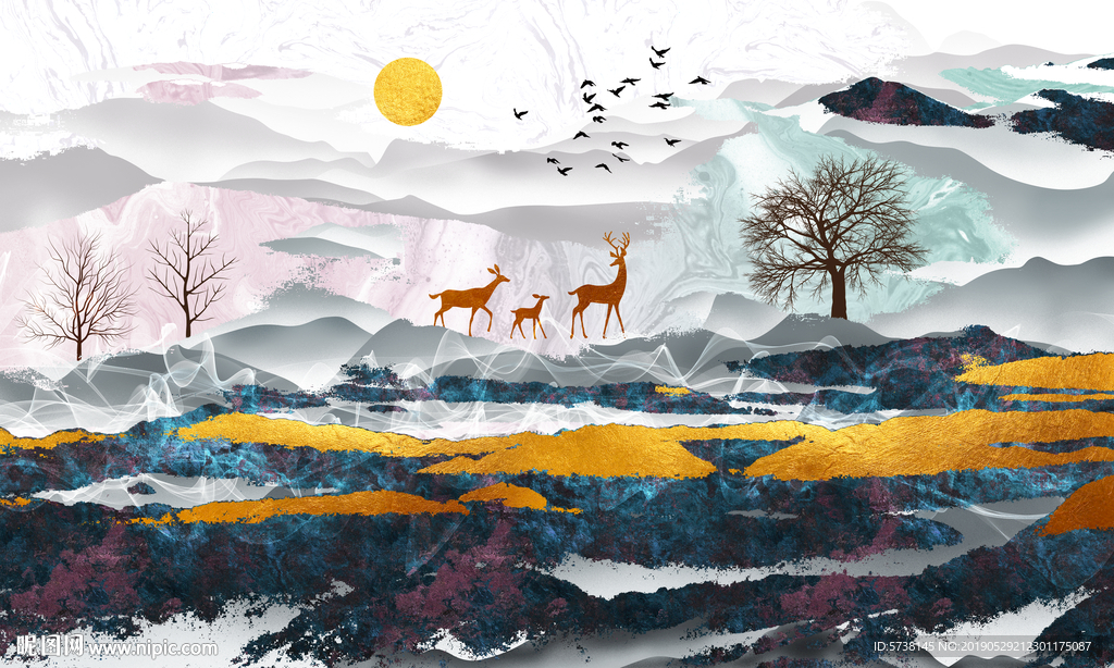 水墨抽象山水玄关屏风电视背景底