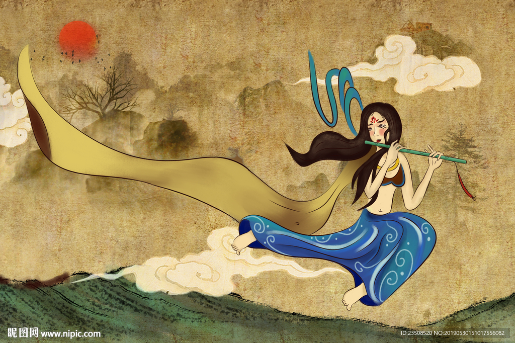 中国风女子吹笛子