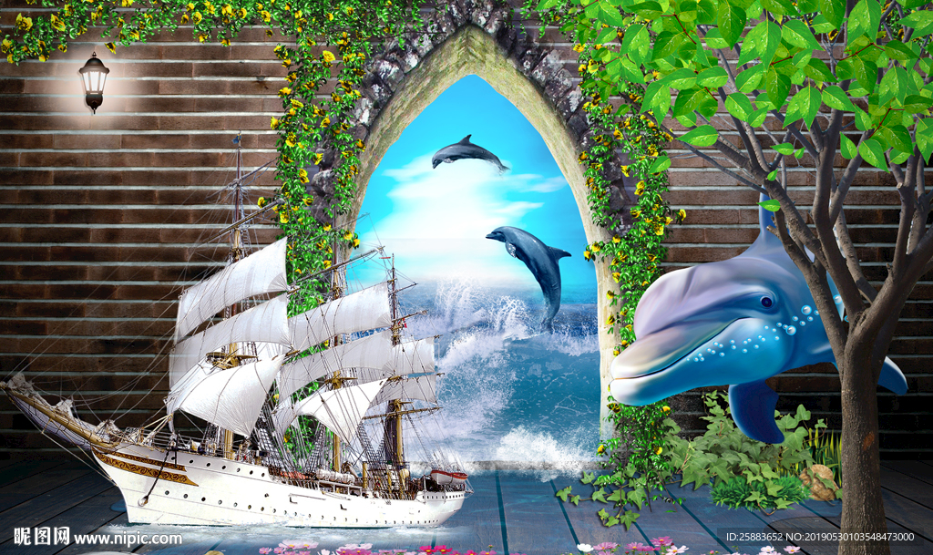 大海帆船海豚画中画电视背景墙