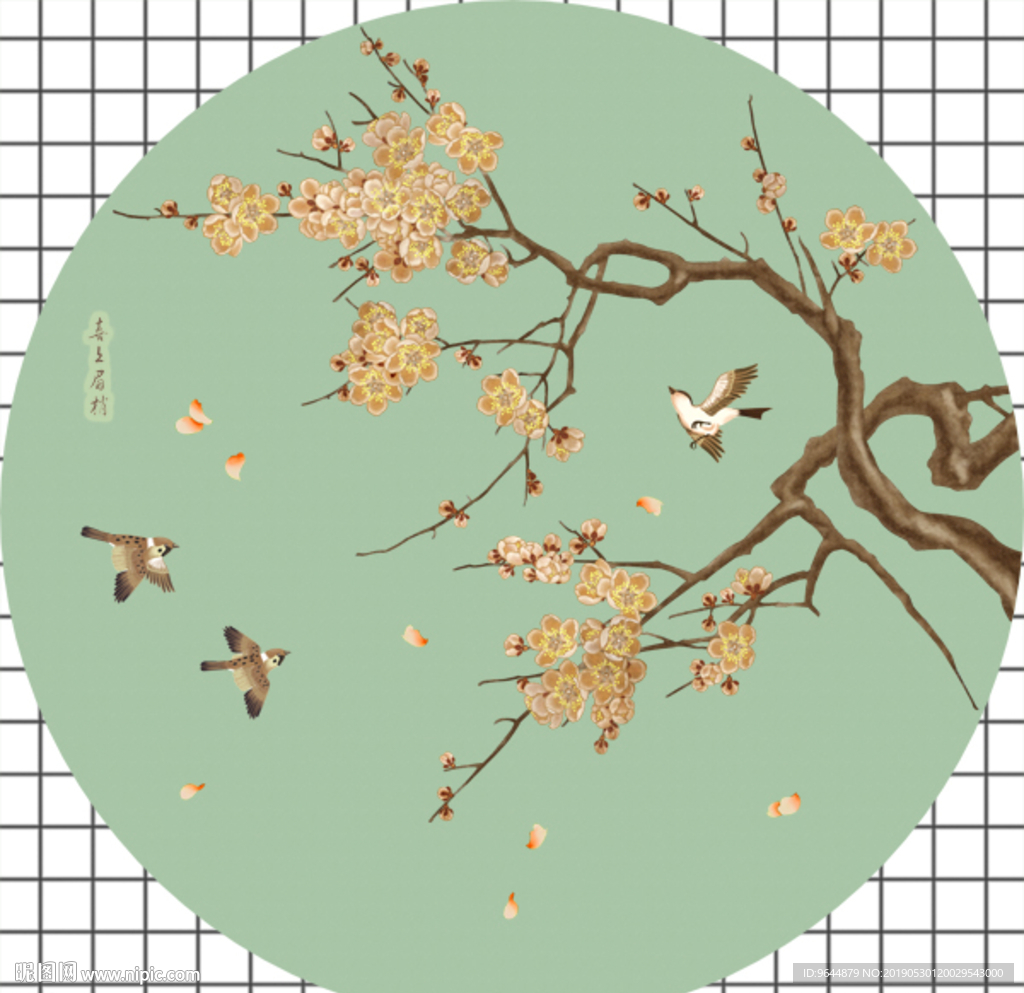 手绘梅花圆形花鸟图