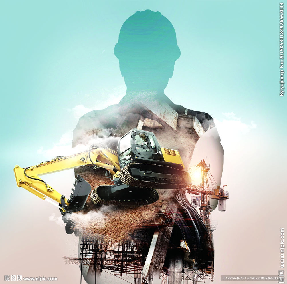 挖掘机 工人创意图片