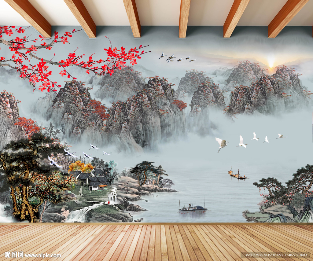 原创水墨山水风景画背景墙装饰画