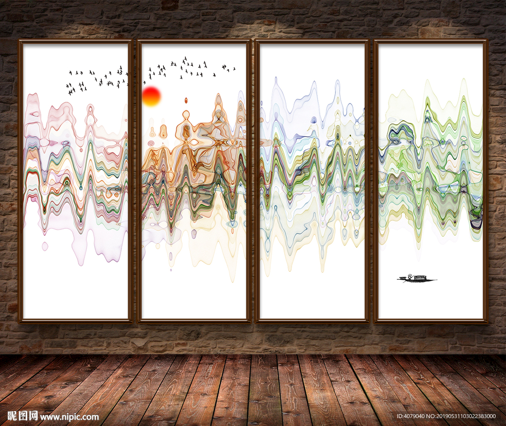 禅意水墨山水抽象飞鸟日出背景墙