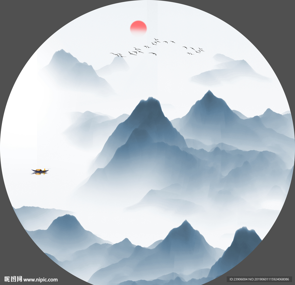 新中式圆形山水画