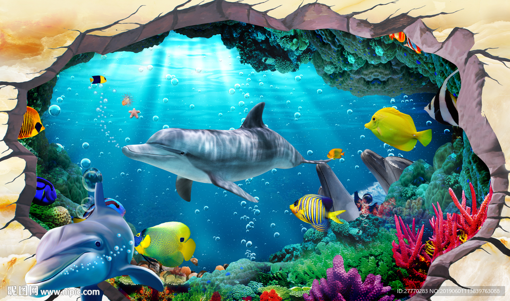 3D立体海豚乐园海洋世界地板画