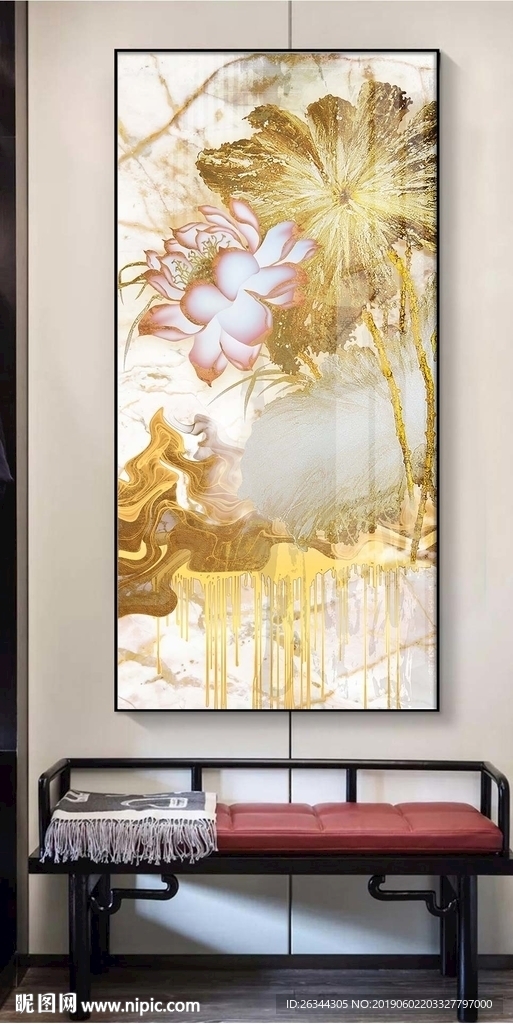 金色豪华荷花荷叶玄关装饰画