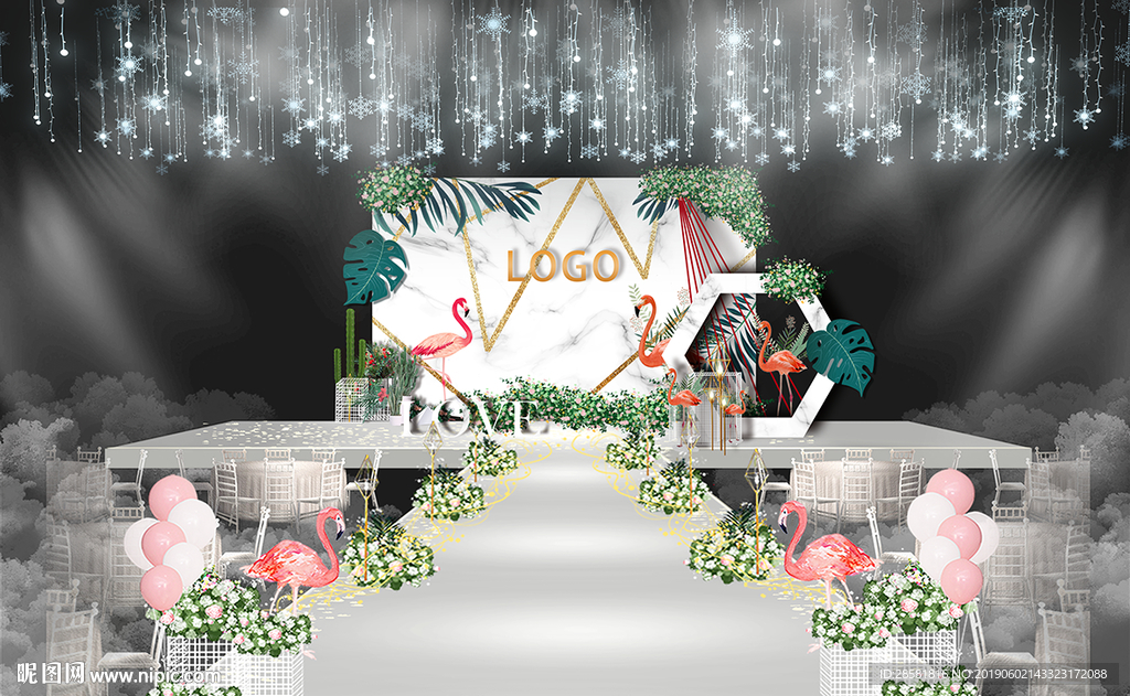 大理石纹小清新风格火烈鸟主题婚