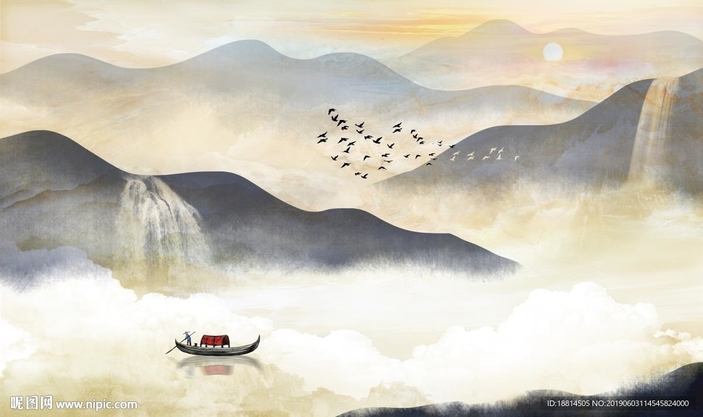 旭日东升江南水墨大理石背景墙