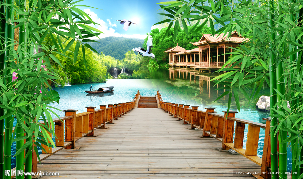 走道流水生财山水中式背景墙