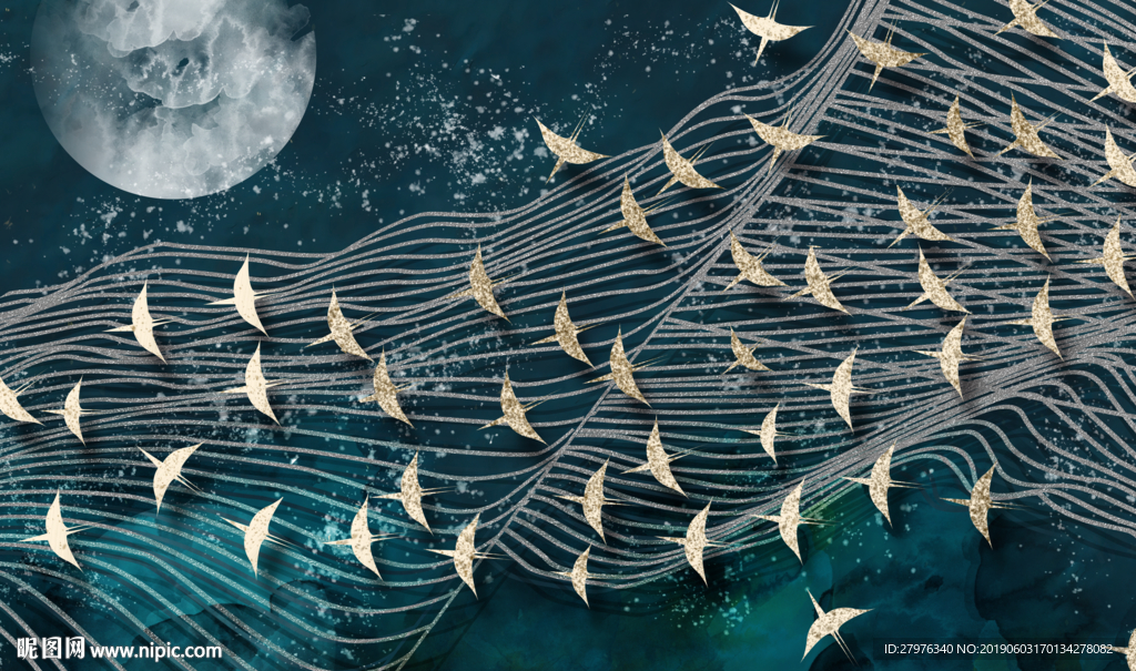 现代意境抽象飞鸟圆月背景墙