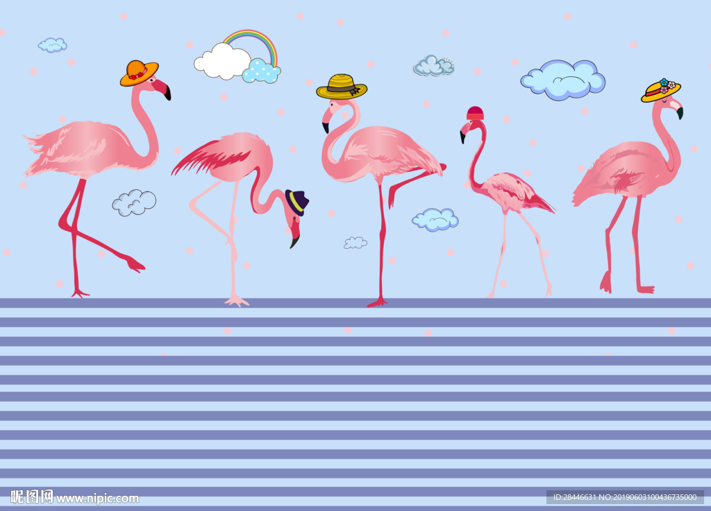 卡通火烈鸟儿童房背景墙