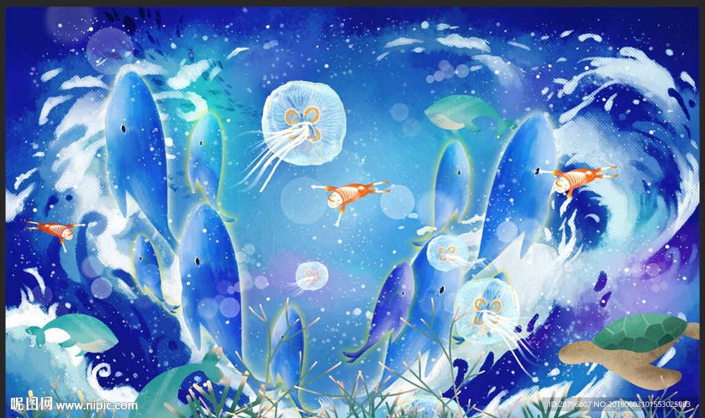 唯美手绘鲸鱼海洋背景墙壁画图片