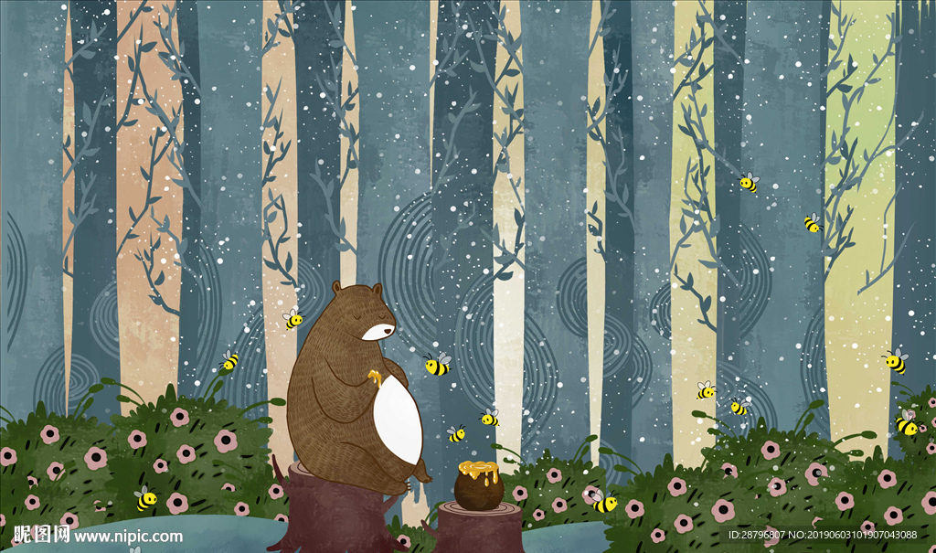 北欧森林手绘棕熊背景墙壁画