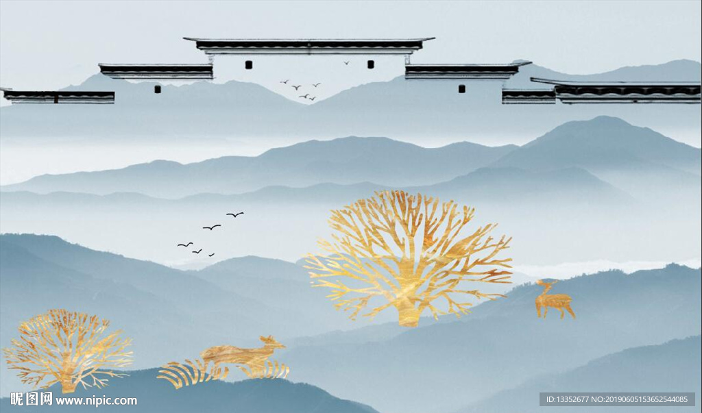 江南山水金色麋鹿