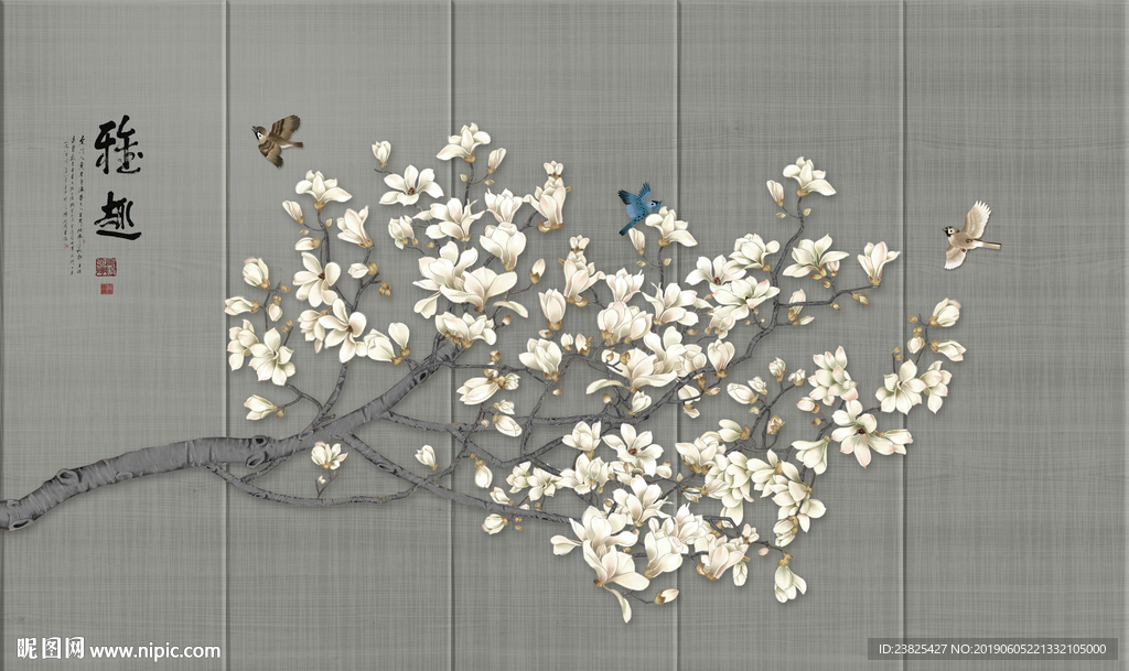 新中式手绘玉兰花鸟电视背景墙