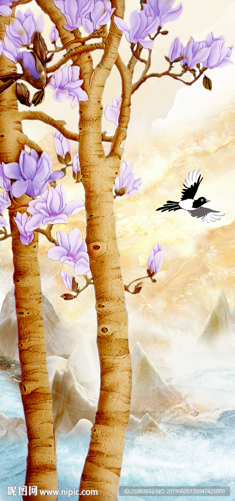 玉兰花鸟山水玄关背景