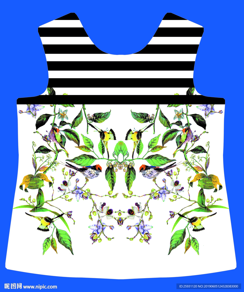 韩版手绘花卉枝叶黑白条纹服装印
