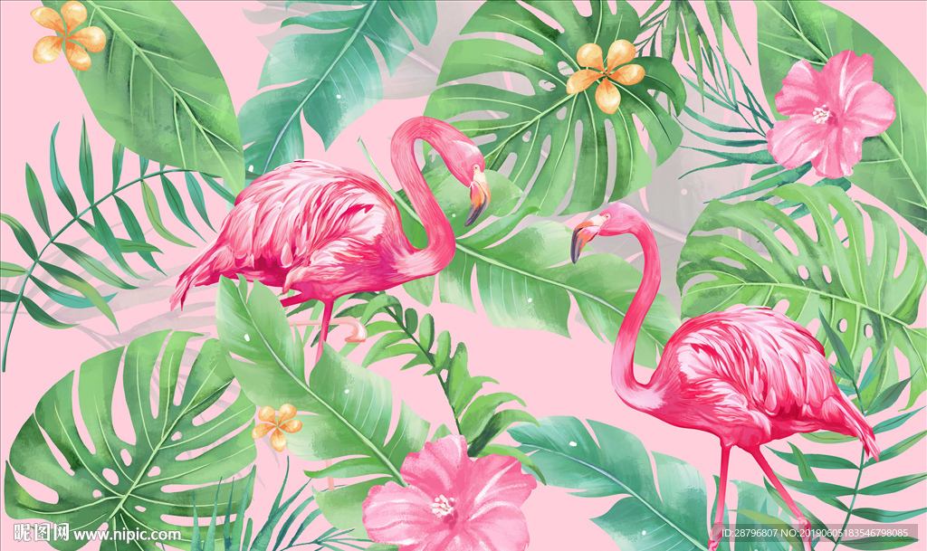 手绘现代北欧火烈鸟龟背竹背景墙