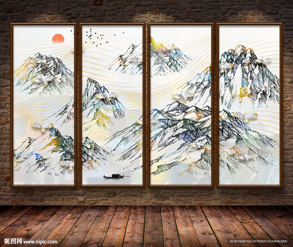 新中式抽象线条水墨山水电视背景