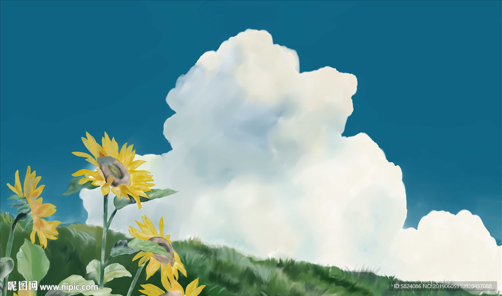 手绘向日葵蓝天白云大型壁画