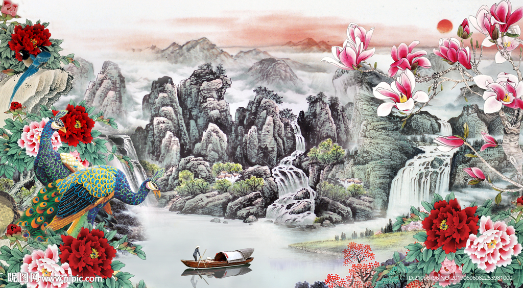 牡丹背景墙孔雀