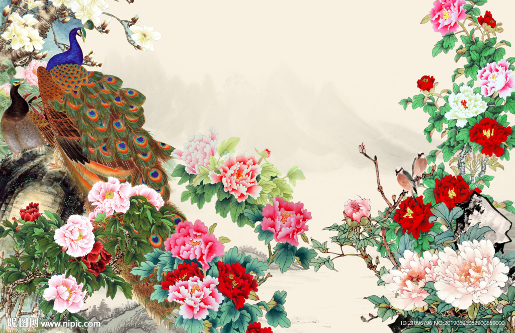 牡丹孔雀背景墙