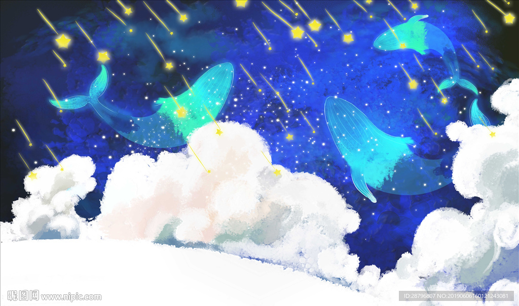北欧手绘鲸鱼天空背景墙壁画