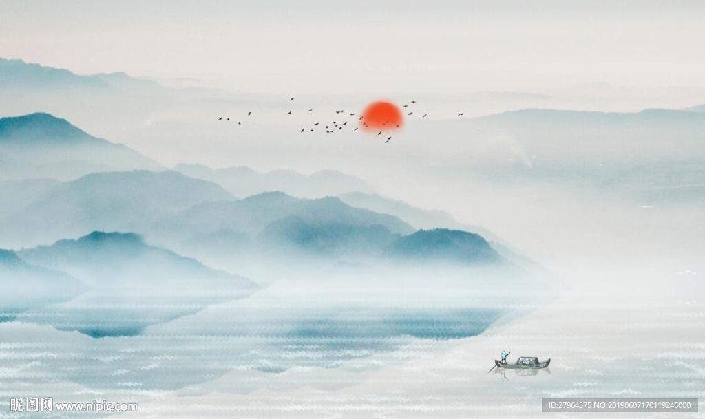 新中式水墨山水夕阳飞鸟背景墙