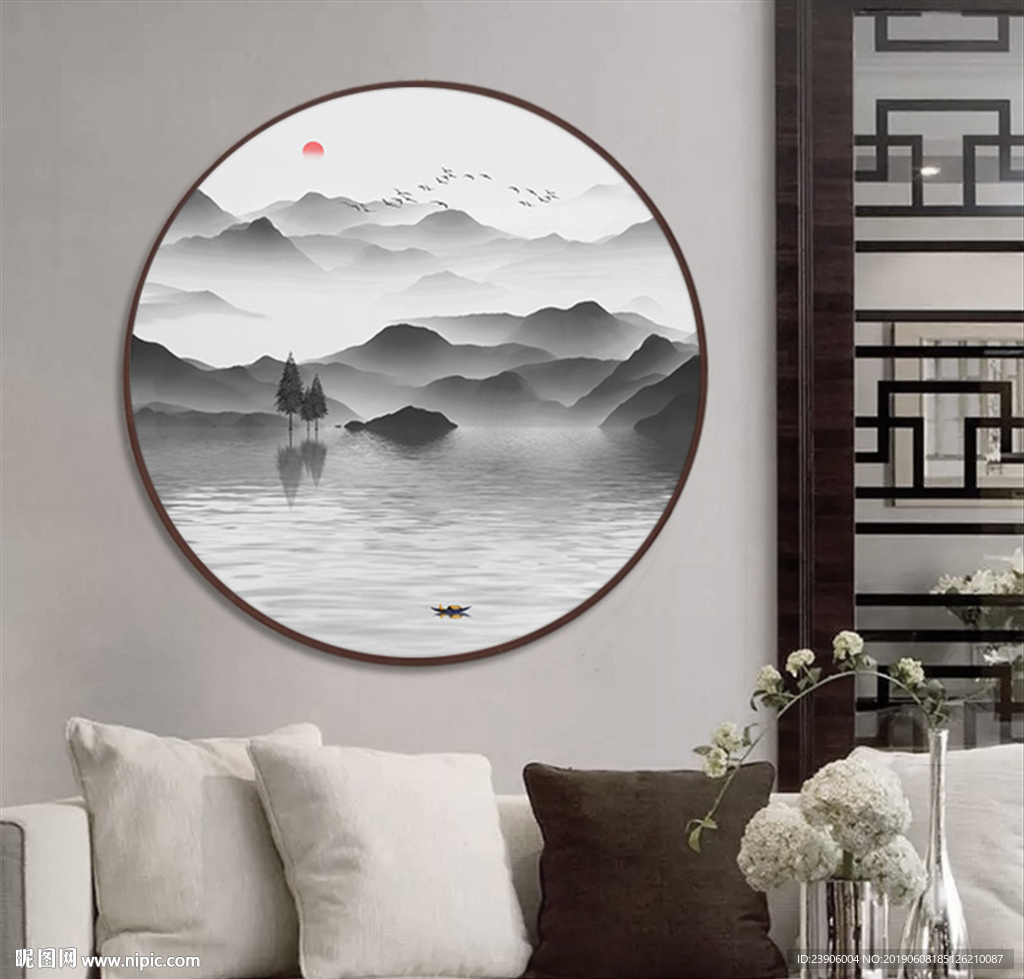 中堂画 圆形山水装饰画