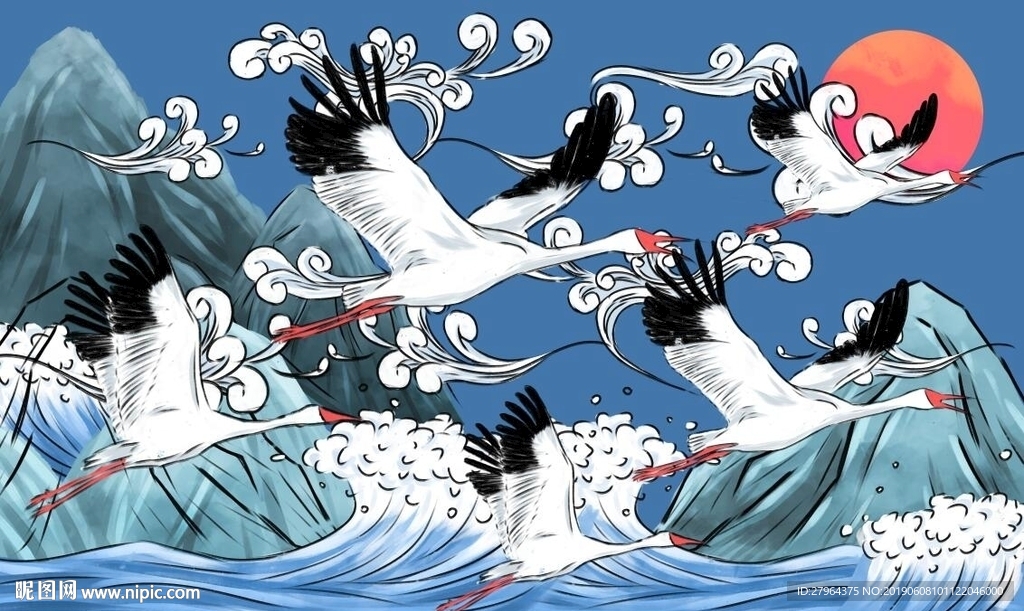白鹤祥云旭日东飞背景墙