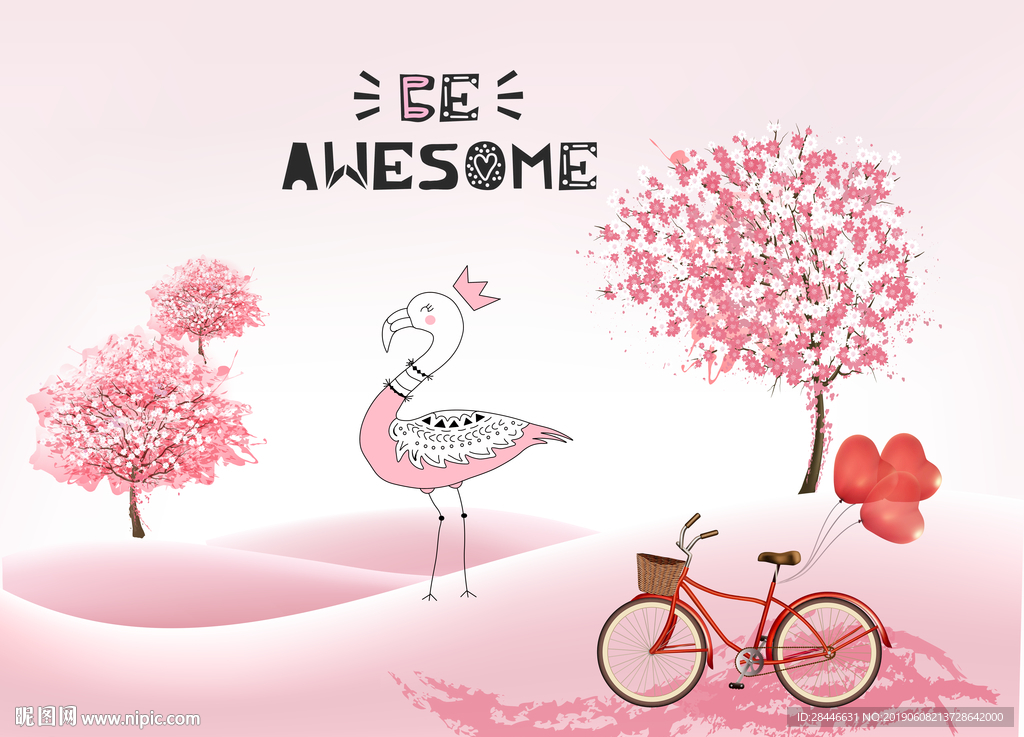 卡通火烈鸟儿童房背景墙