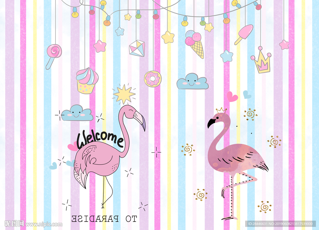 卡通火烈鸟儿童房背景墙