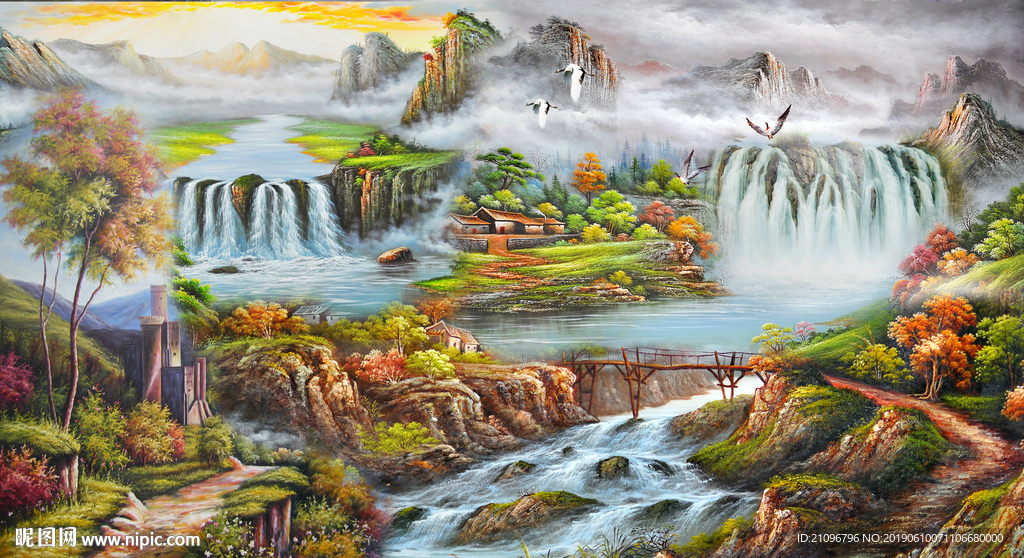 油画山水背景墙