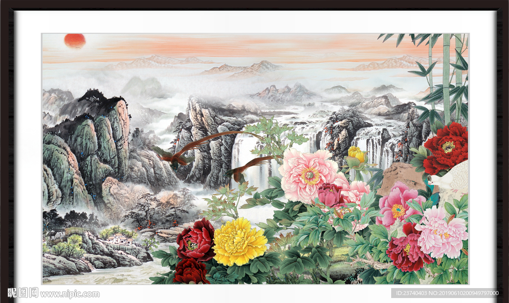 旭日东升 国画牡丹
