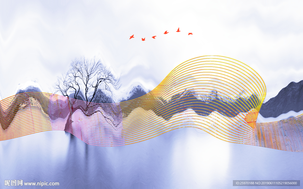 蓝色调中式山水背景墙