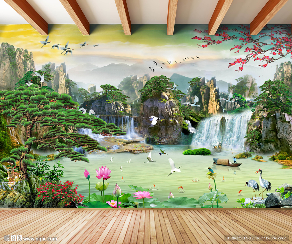 原创瀑布迎客松流水生财背景墙